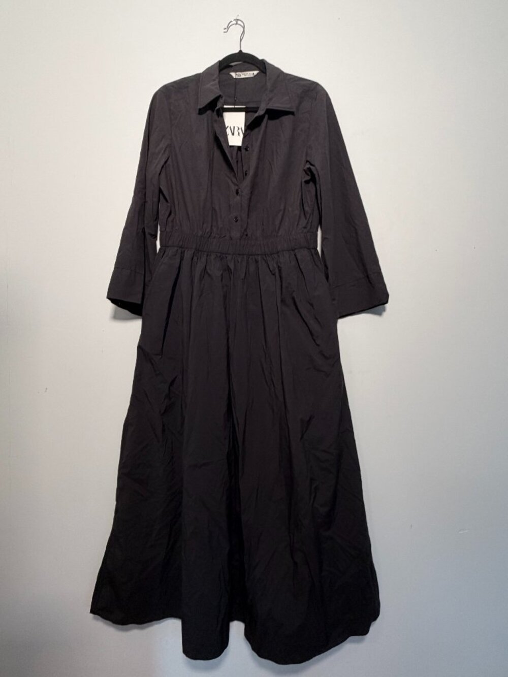 Zara ZW Collection Black Nylon Midi Shirtdress - Size XL
